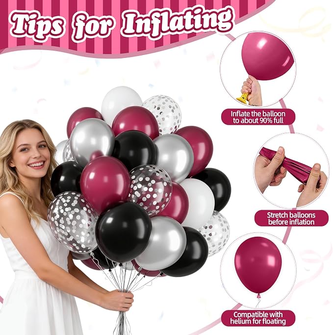 FunHot Maroon Balloons, 12 Inch Burgundy Metallic Silver Confetti Latex Balloons - Image 3