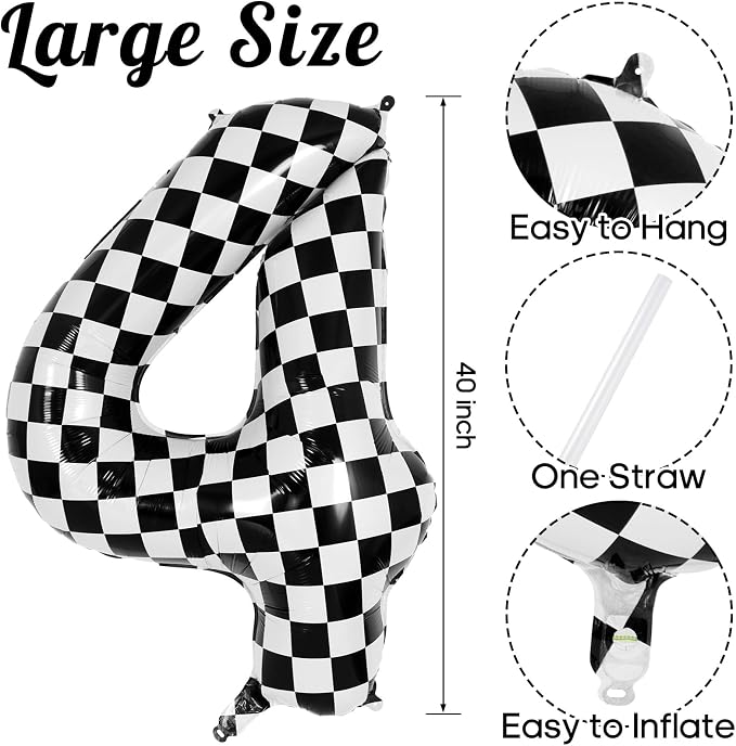 Checkered Number 4 Balloon 40 Inch, Large Foil Black and White Number Balloons - Image 3