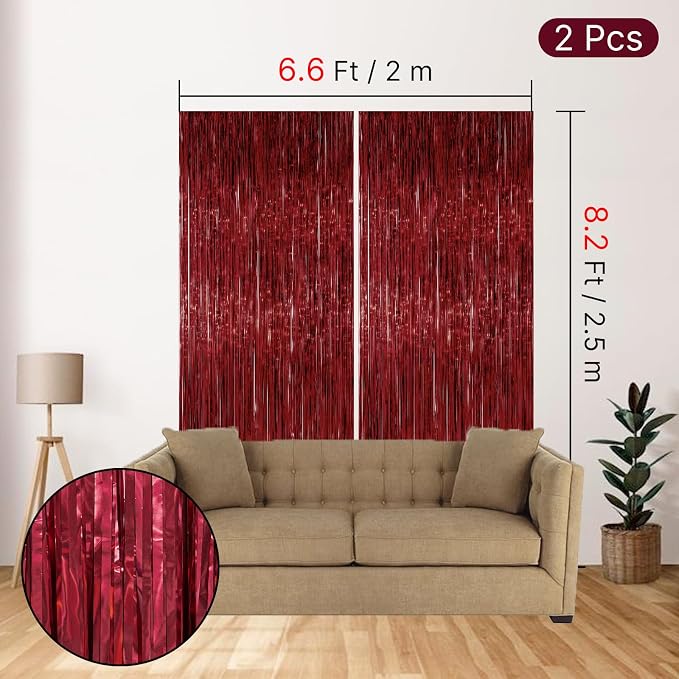 PartyWoo Red Foil Fringe Tinsel Streamers Backdrop Curtain 2pcs 8.2FT | Red - Image 4