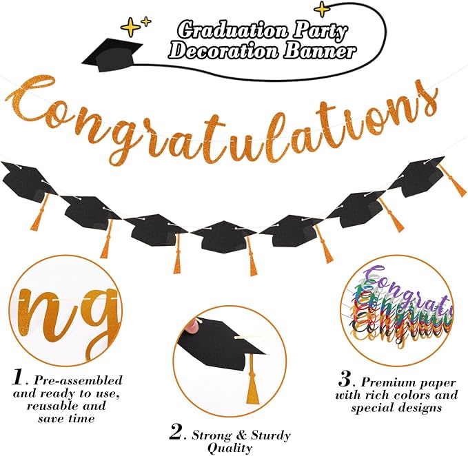Class of 2026 Graduation Decorations Pre-Strung Glitter Congratulations Banner - Image 2