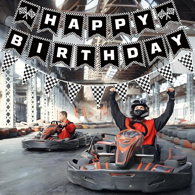MEETINGU Black and White Checkered Flags and Race Car Happy Birthday Banner - Image 4