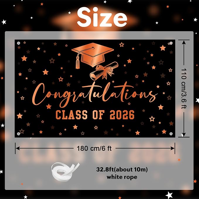Congratulations Banner Class of 2026 Backdrop Black Orange Graduation Banner - Image 2