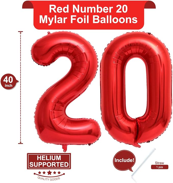 40 Inch Red 20 Number Balloons Giant 20 Balloons Red Birthday 20 Balloons 20th - Image 2