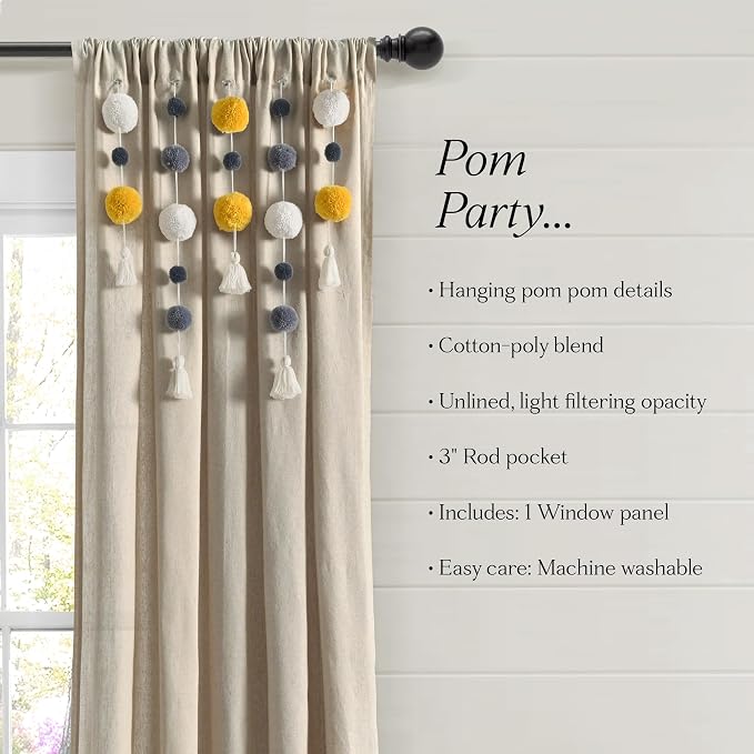 Lush Decor Boho Pom Pom Tassel Linen Textured Window Curtain Panel, Single 52" - Image 7