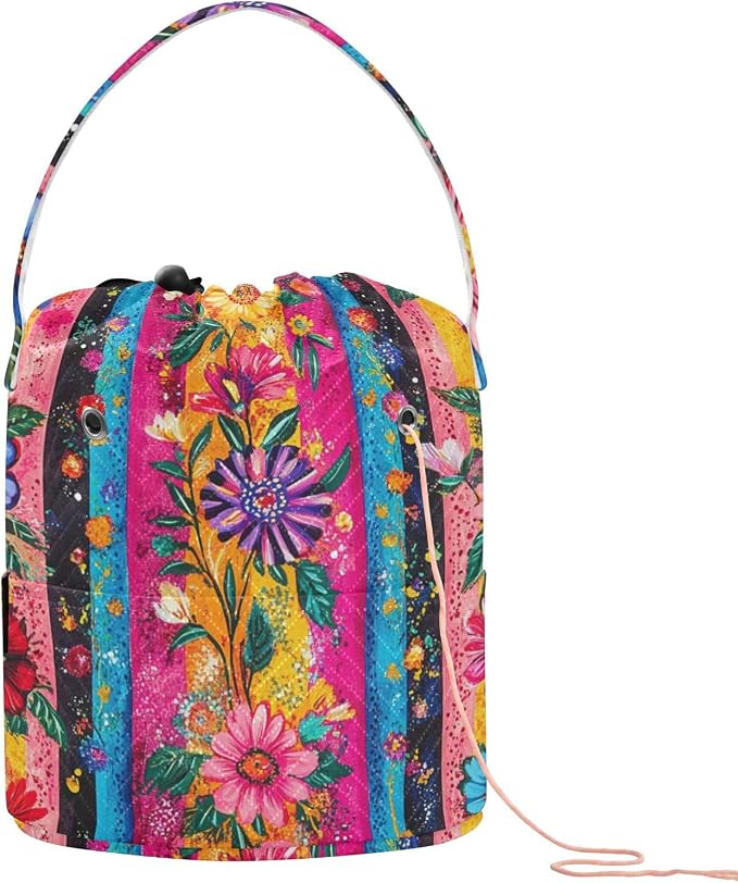 Ethnic Fiesta Striped Mexican Floral Yarn Bag Small Crochet Bag Drawstring Yarn by Tatenale