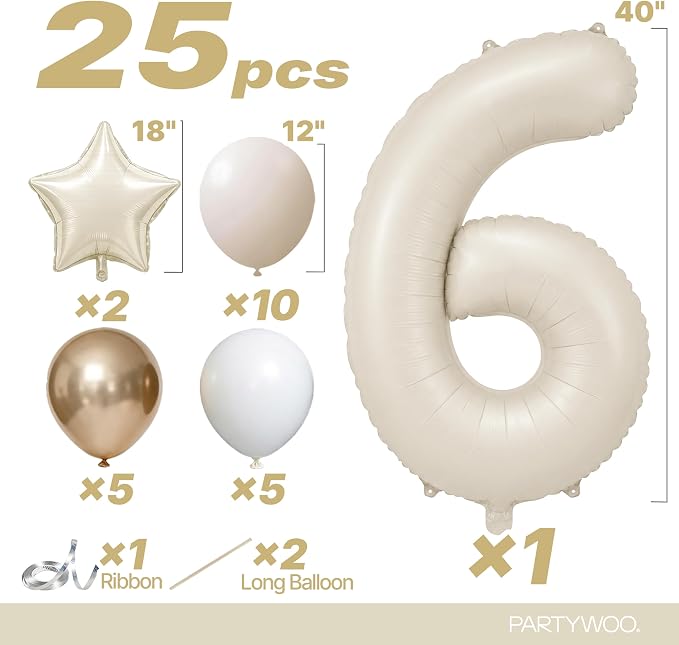 PartyWoo Number Balloons 40 Inch White Number 6 Kit 25pcs - Image 2