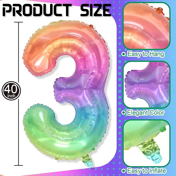 3rd Birthday Balloons for Boys, 40 Inch Foil Self Inflating Rainbow Number 3 - Image 2