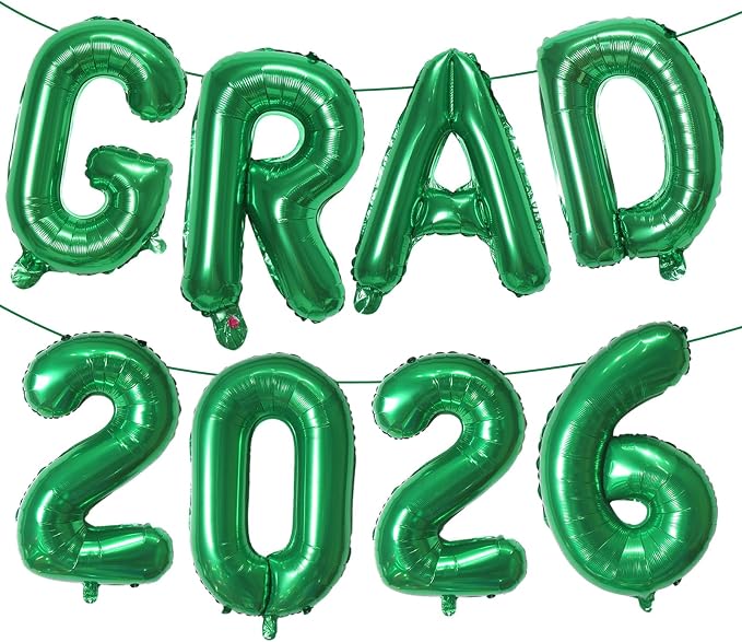 Green GRAD 2026 Banner Balloons, 16 Inch Mylar Foil letter Graduation Balloons by KALOR