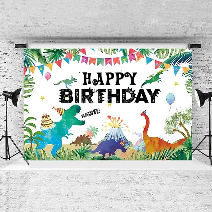Illiyot Funny Dinosaur Birthday Backdrop 6x3.5ft, Watercolor Dinosaur Party by IIILUYOT
