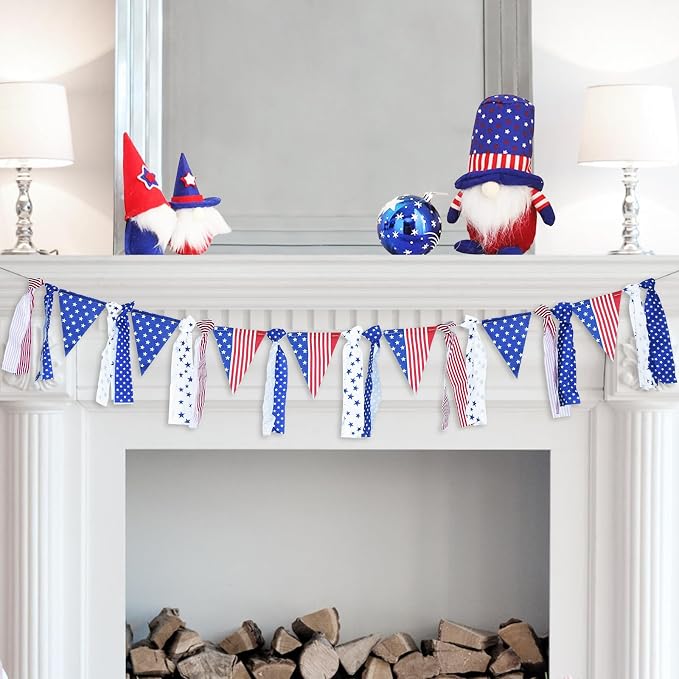4th of July Patriotic Fabric Tassel Banner Garland – 10 FT Red White Blue by Peclek