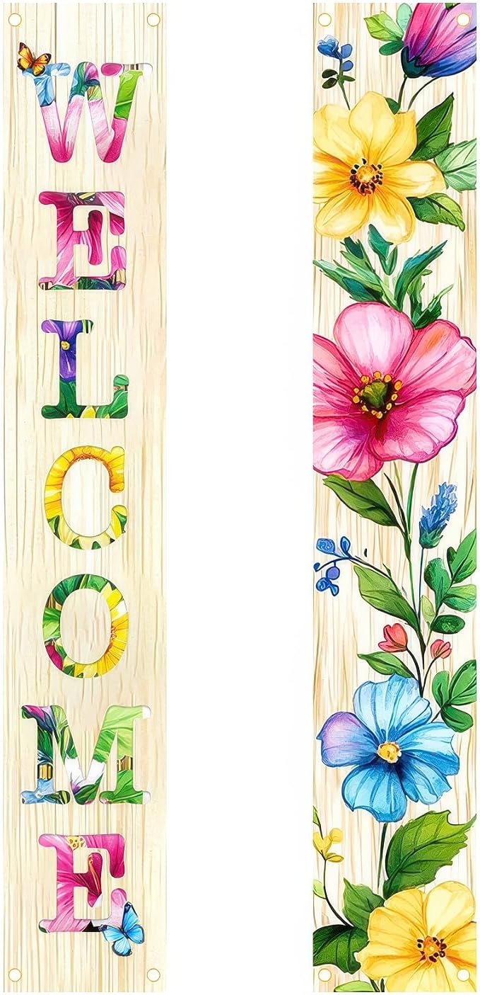 Hometitute 2 Pcs Spring Summer Welcome Floral Porch Banners Butterfly Flower by HOMETITUTE