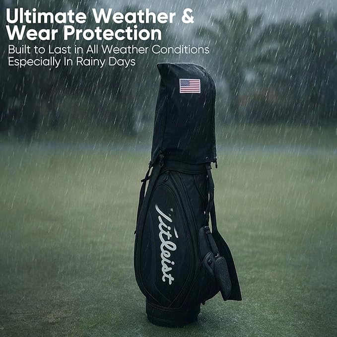 Golf Bag Rain Cover Hood Waterproof 1680D Nylon Dustproof Universal Fit with Adjustable Rain Cape for Stand/Cart Bags, All Black or US Flag Style
