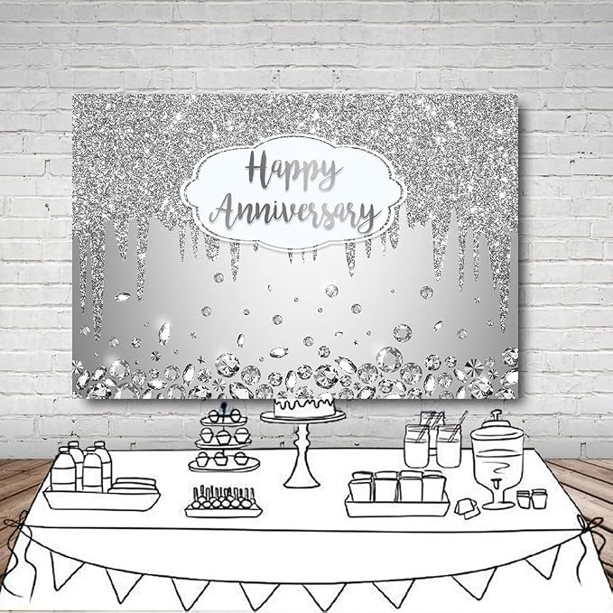 AIBIIN 10x7ft Happy Anniversary Backdrop Silver Dripping Glitter Crystals - Image 5
