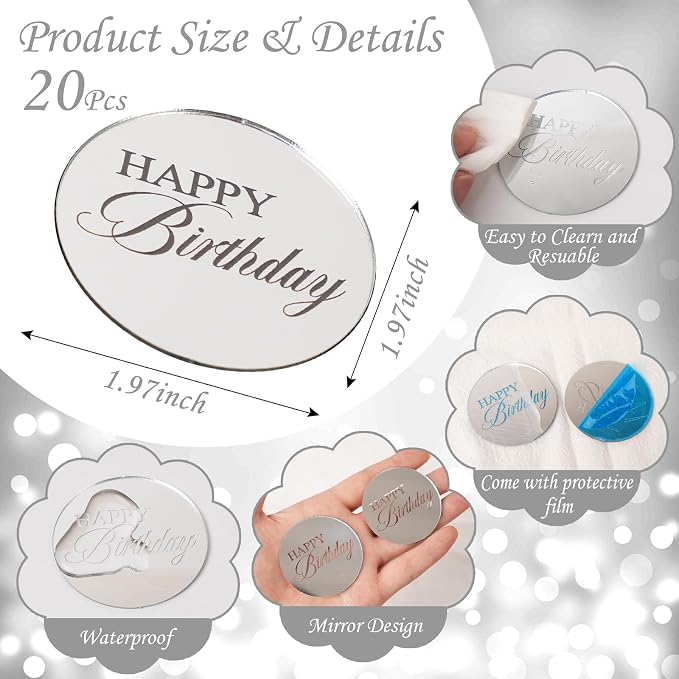 20pcs Silver Birthday Cupcake Toppers Acrylic Cake Picks - Image 2
