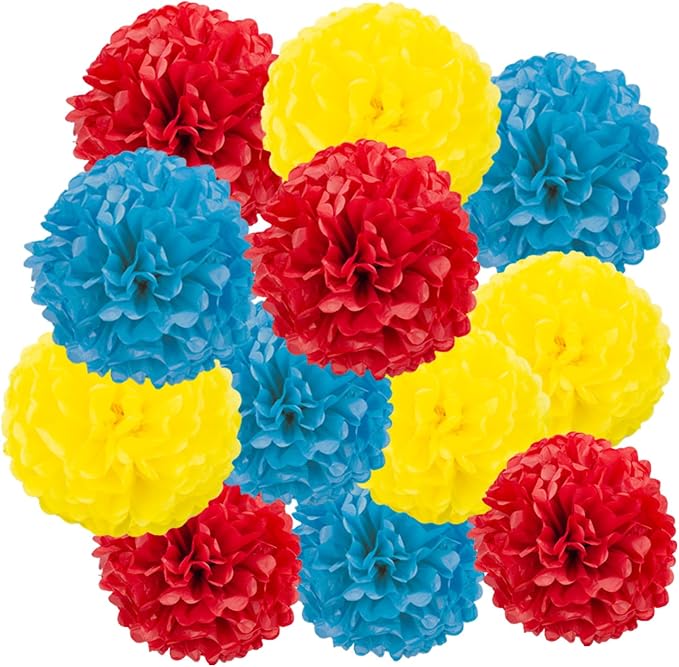 Yellow Red and Blue Tissue Pom Poms Paper Kit DIY Decorative Flowers Ball by DOUSUI