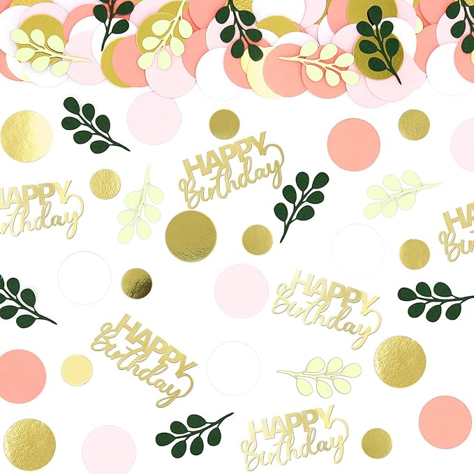 300PC Pink and Sage Green Happy Birthday Confetti for Table Boho Birthday Decorations for Women/Girl Round Dots Eucalyptus Table Scatters Party Supplies