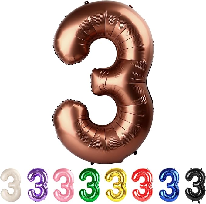 40 Inch Number 3 Balloon, Coffee Brown Birthday Decorations by Mluchee
