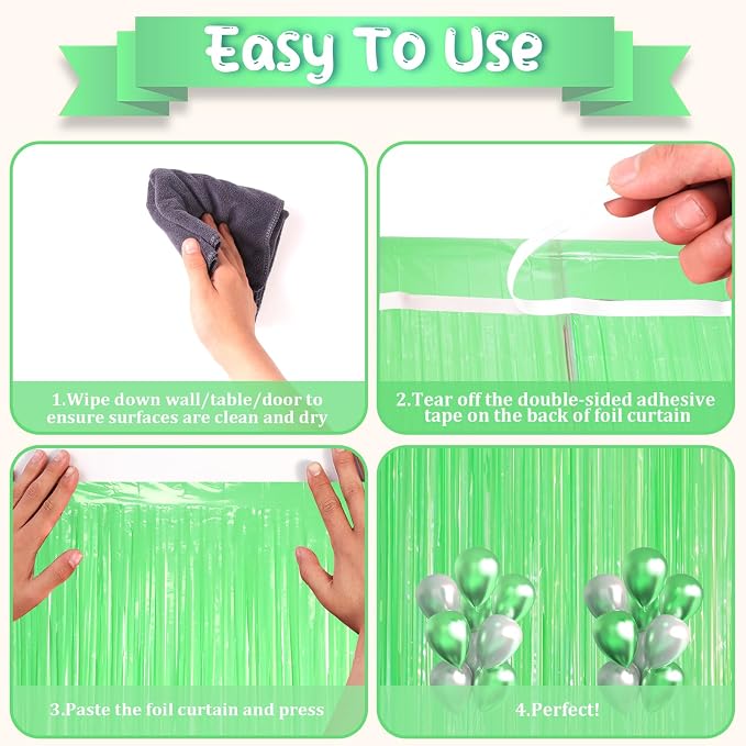 Voircoloria Pastel Green Foil Fringe Backdrop Curtains, 3 Pack | Tinsel - Image 3