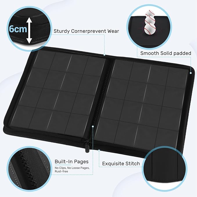 1000+ Pockets Trading Card Binder, 16 Pockets Zipper Binder Card Album, 32 Pack Double-sided Side Loading Non-Ring Card Binder, Card Holder Folders for MTG, TCG, Game Cards & Sports Cards, Black