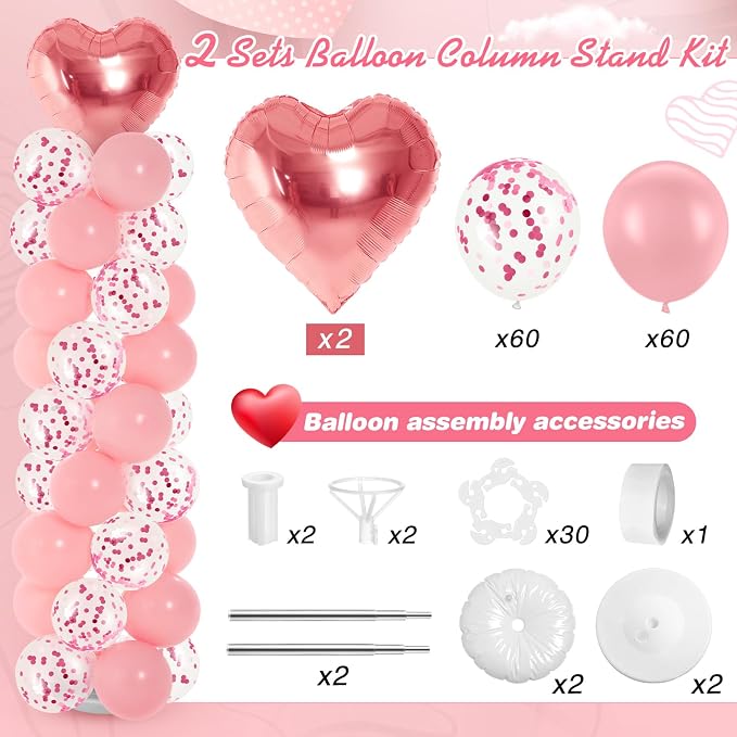 Realspring 2 Sets Wedding Pink and Rose Gold Heart Shape Balloons Column Stand - Image 3