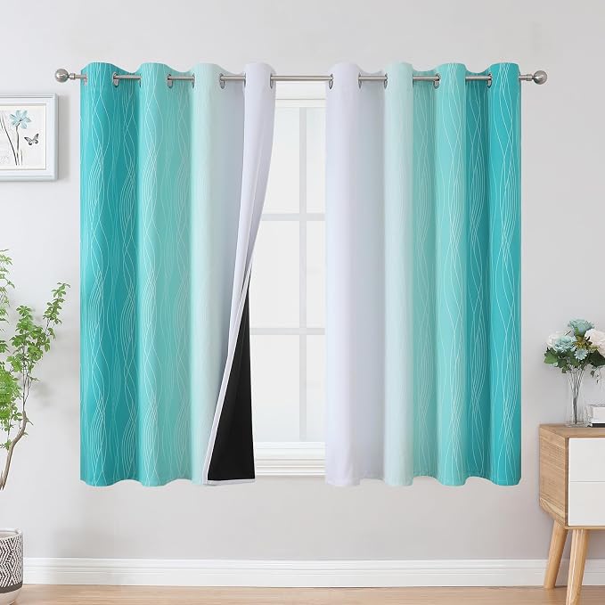 Teal and Greyish White Blackout Curtains 45 Inch Length, Light Blocking by ESTELARTEXTILER