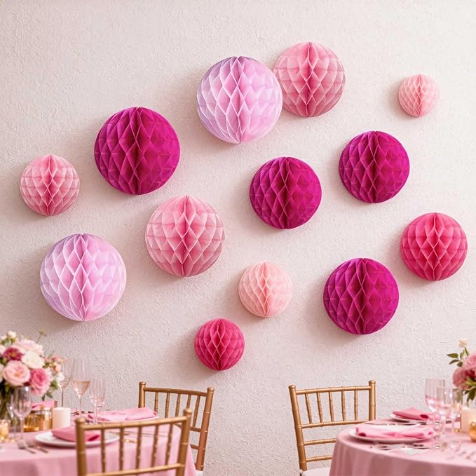 Pink Paper Honeycomb Balls, 6 and 10 inch Hanging Tissue Pompoms, 12 Pack Party - Image 5