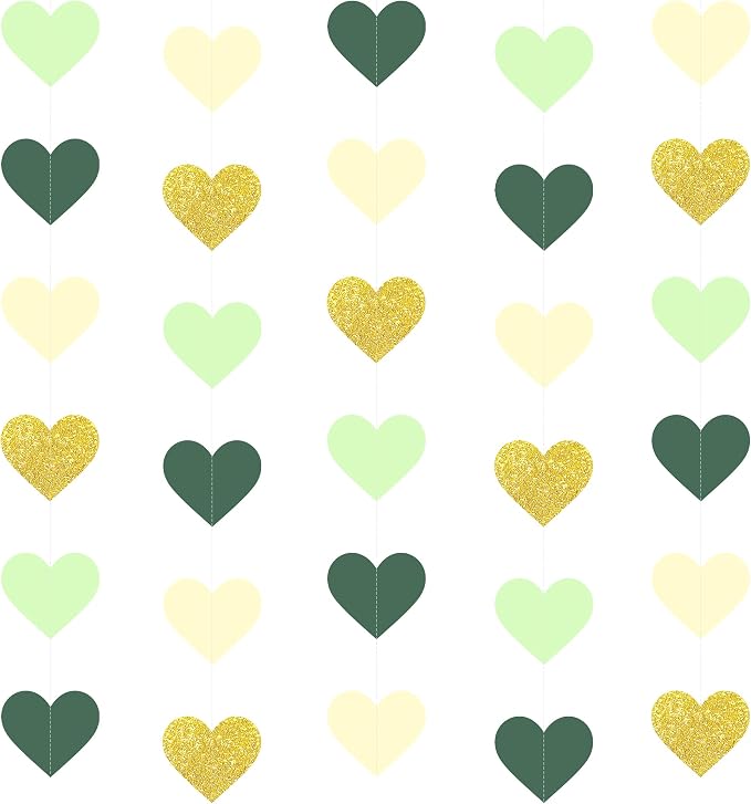 5PCS Sage Green Heart Garland, 72ft Sage Green Gold Heart Ceiling Decorations by UNIIDECO