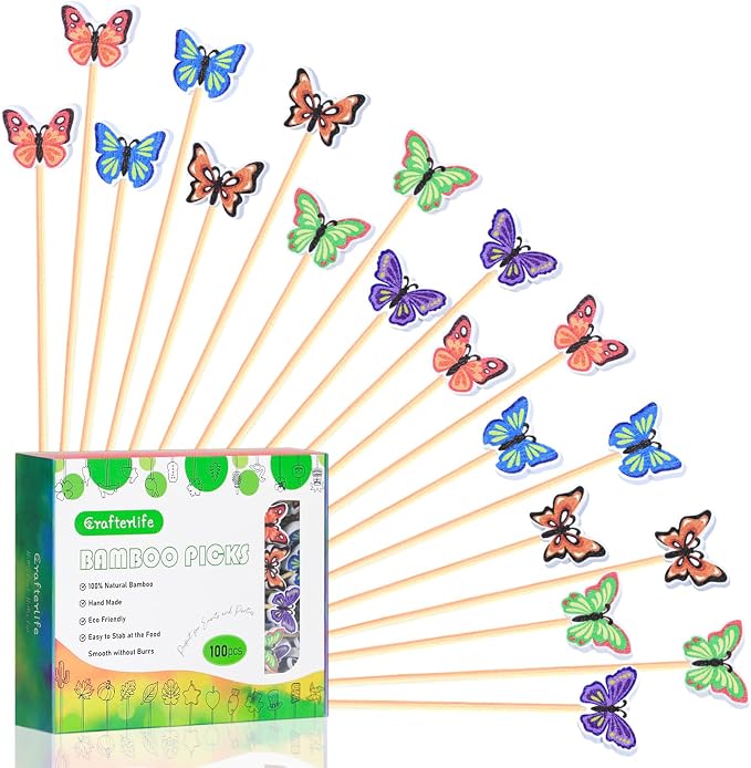 100Pcs Butterfly Cocktail Picks 5 Color Pattern Butterflies Decor | 5" by Crafterlife