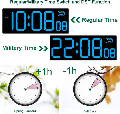 Soobest LED Wall Clock Digital Clock with Seconds, Electric Plug in Large Big Numbers Clock 5 Dimmers Wall Mount for Living Room, Auto DST, 10 Inches (Blue)