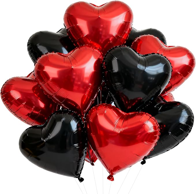TONIFUL 30 Pcs Red Black Heart Balloons 18 Inch Heart Shape Foil Balloon | by TONIFUL