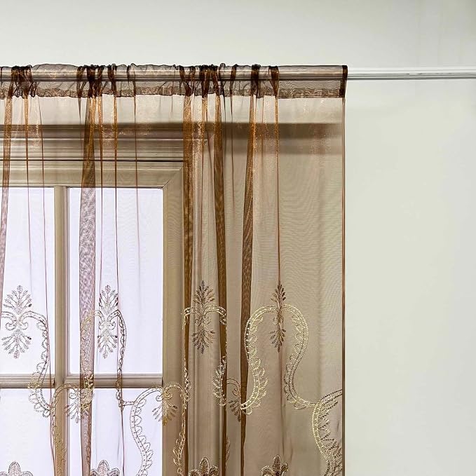 1pc Luxury Brown Embroidered Floral Sheer Tulle Curtain - Image 8