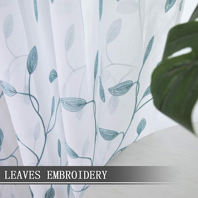 Tollpiz Leaves Short Sheer Curtains Teal Blue Leaf Embroidery Living Room - Image 3