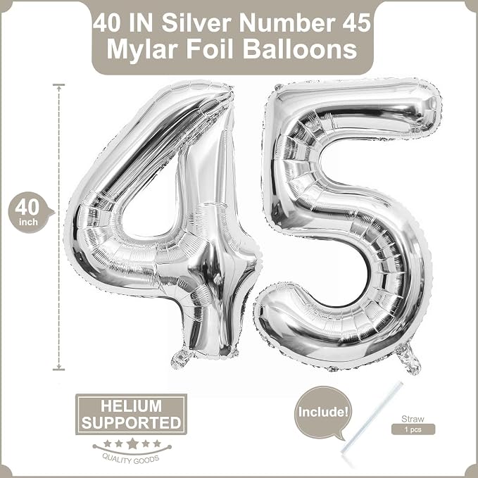 40 Inch Silver 45 Balloons Giant Number 45 Balloons Silver 45 Birthday Balloons - Image 2