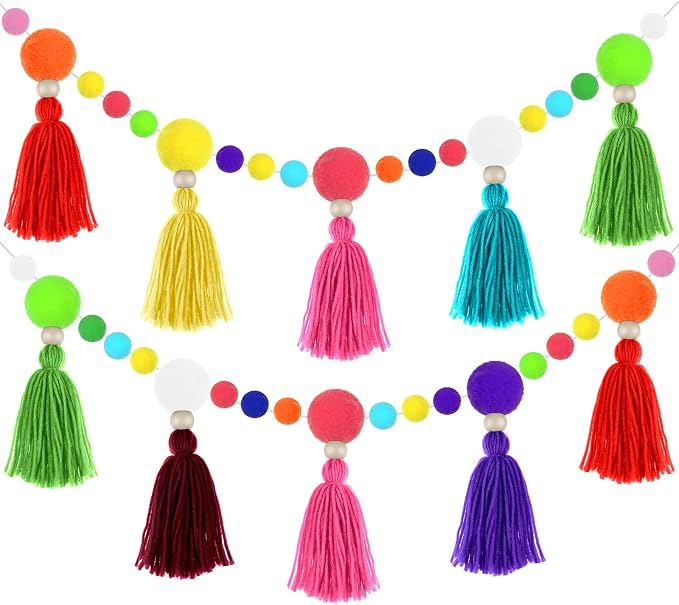 Janinka 2 Pcs Pom Pom Tassel Garland Classroom Each 13.2 Feet Boho Rainbow Felt by Janinka