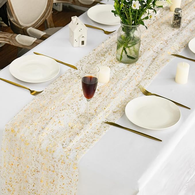 Artoid Mode Beige Gold Gauze Table Runner 120 Inch 10FT, Glitter Metallic Foil - Image 4