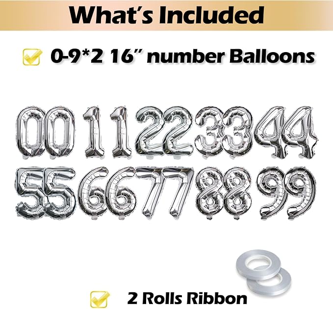 20 Pcs Silver 16" Number Balloons 2 Sets 0-9 Foil Balloon Numbers Décor | - Image 3
