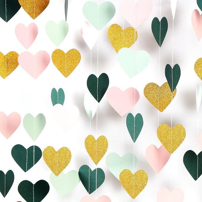 Sage-Green Mint Pink-Gold Love-Heart Garland - 52Ft Rustic Wedding Hanging by LastingSurprise