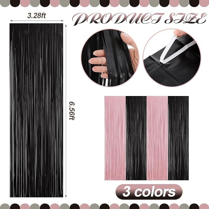 Frienda 4pcs Pink and Black Party Decorations 6.6ft Fringe Curtains Decorations - Image 2
