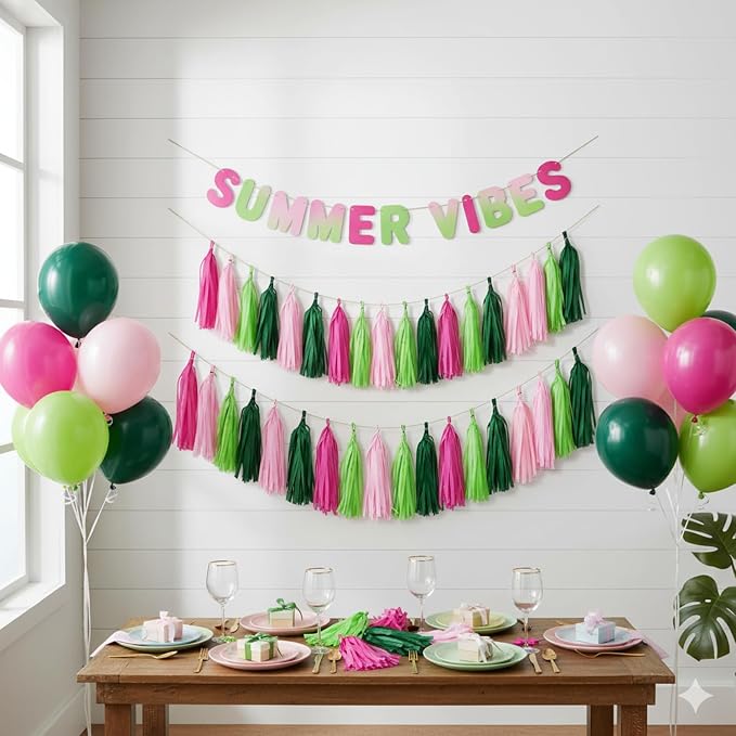 Green and Pink Tassel Garland Banner, 20 Pack Paper Tassels Streamers - Image 2