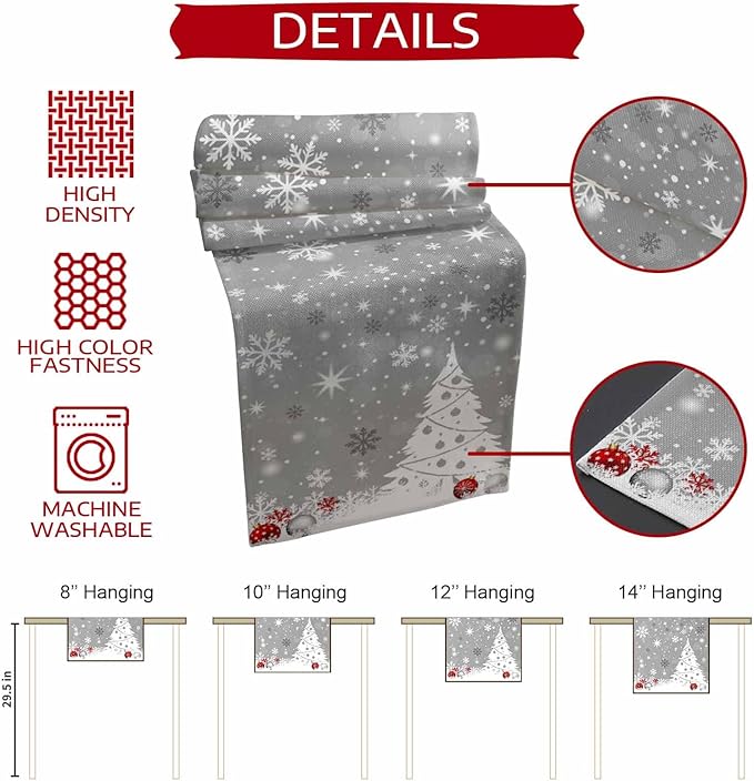 Christmas Snowflakes Cotton Linen Table Runner for Dining Kitchen, Xmas Tree Snow Winter Wedding Outdoor Party Tablerunners Decoration, Grey Balls Dresser Scarf Coffee Tablecloth Runners 13x72 Inches