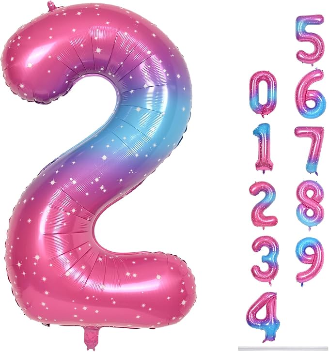 Gradient Blue Pink 2 Balloons, 40 Inch Giant Helium Foil Number 0-9 Rainbow 2th by Lingqiang