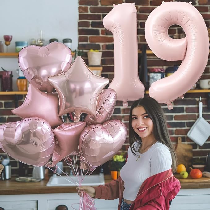 Foil 19 Balloon, Dusty Light Blush Pink Big Number 19 Balloons - Image 6