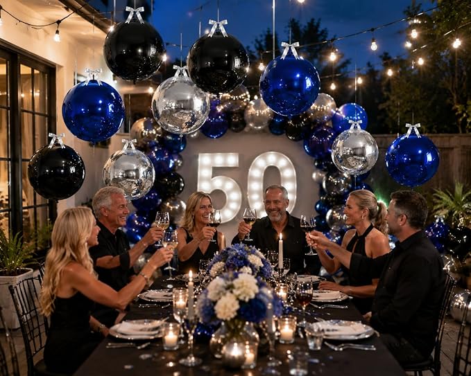 9 Pcs Black Blue Silver Round Foil Balloons Black Royal Navy Blue Metallic - Image 4