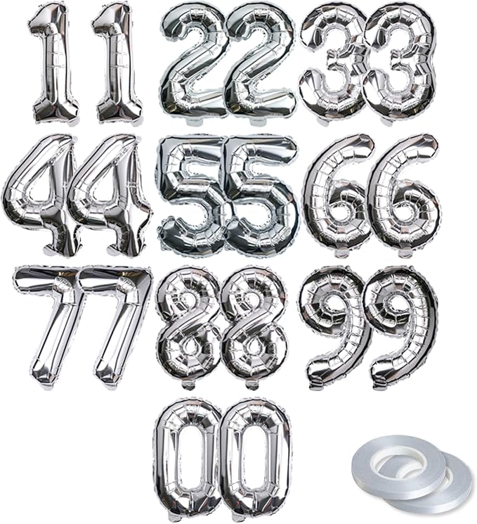 20 Pcs Silver 16" Number Balloons 2 Sets 0-9 Foil Balloon Numbers Décor | by Makeyourpartypop