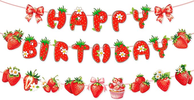 MEETINGU Strawberry Bow Happy Birthday Banner Birthday Party Decorations by MEETINGU