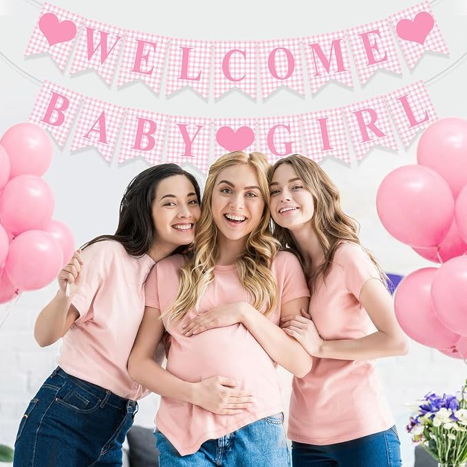 Hahafelt 1 Pcs Pink Gingham Welcome Baby Girl Banner - Image 3