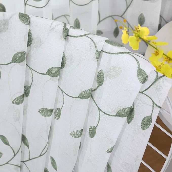 Tollpiz Leaves Sheer Tier Curtain Sage Green Leaf Embroidery Kitchen Half - Image 7