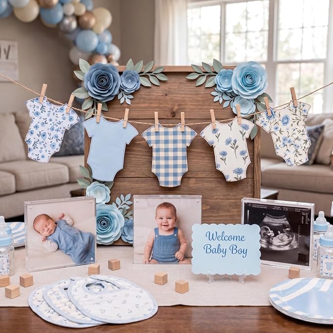 Frienda Baby in Bloom Paper Banner Baby Shower Blue Paper Bodysuit Dress - Image 3