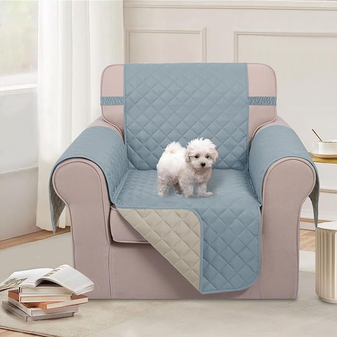 U-NICE HOME Reversible Recliner Chair Covers, Light Blue/Beige | 23''Armchair - Image 2