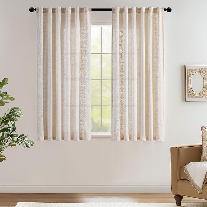 jinchan Floral Linen Curtains Embroidered Back Tab 50x63in 2 Panels Ivory | - Image 2